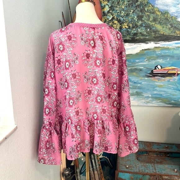Rebellion Again,Floral Blouse Oversized Boho,Tie-Close Pink Top, Size Small - Picture 8 of 9